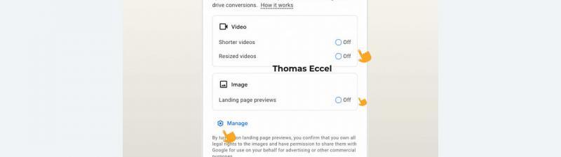 Screenshot of a Google Ads interface showing asset optimization options for video and image assets. The layout includes toggles for "Resized videos" and "Image assets," both set to off. Brand logos and a man are at the bottom.