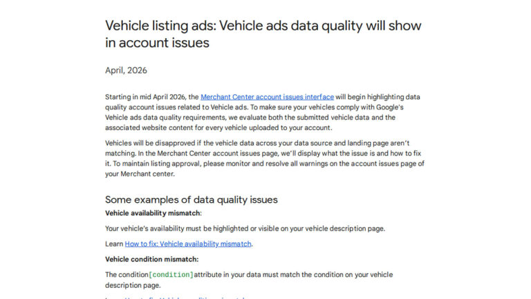 Screenshot of a Google support article about vehicle listing ads. It discusses data quality issues affecting ad visibility, provides examples like vehicle availability mismatch, and includes links to fix issues in the Merchant Center.