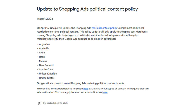 Screenshot of a Google update about Shopping Ads political content policy, listing countries affected and stating some ads will require election advertiser verification starting April 16, 2026.