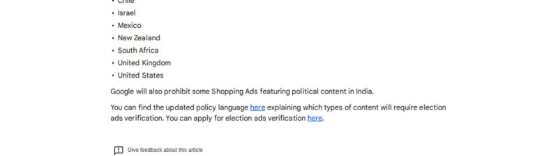 Screenshot of a Google update about Shopping Ads political content policy, listing countries affected and stating some ads will require election advertiser verification starting April 16, 2026.