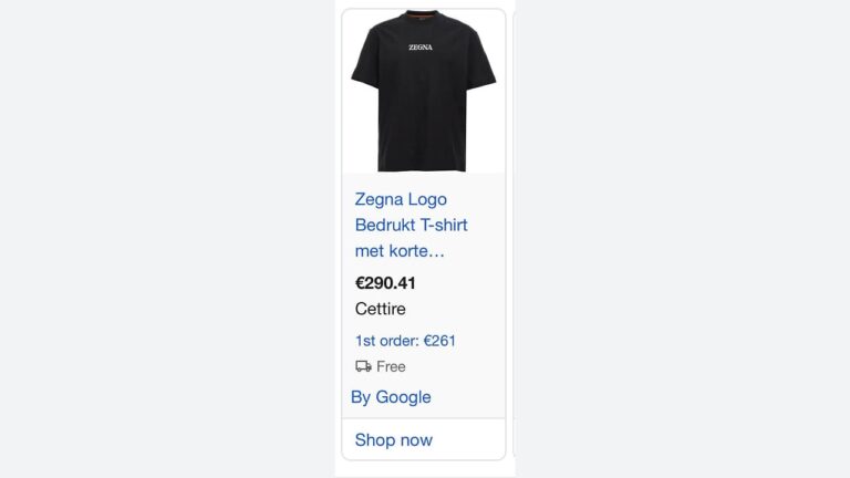 A black Zegna logo T-shirt with short sleeves is displayed for sale at €290.41 from Cettire, with free shipping and a first order offer of €261. "Shop now" button is visible at the bottom.