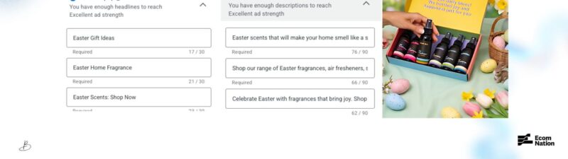 A screenshot of Google Ads’ Performance Max interface showing asset group creation for Easter. On the right, a hand holds colorful Easter eggs and a box of bottled products beside a yellow card reading “Easter scents for your home.”.