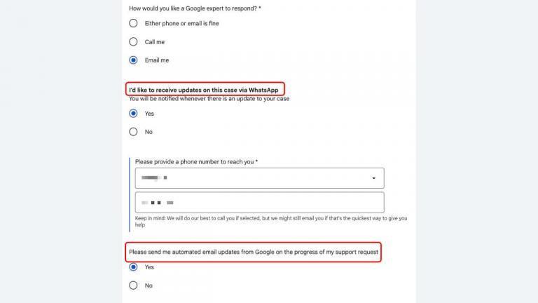 A Google support form with options to receive updates via WhatsApp or email. Two options, highlighted in red, prompt users to select if they want WhatsApp or email updates about their support case.
