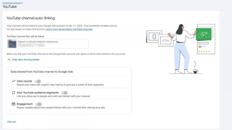 A YouTube Channel Linking page shows a woman pointing at a connected chart and a green screen with a bicycle. The page explains how to link your YouTube channel to Google Ads and share data like views and engagement with Automatic YouTube Linking.
