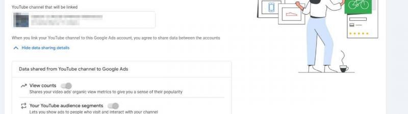 A YouTube Channel Linking page shows a woman pointing at a connected chart and a green screen with a bicycle. The page explains how to link your YouTube channel to Google Ads and share data like views and engagement with Automatic YouTube Linking.
