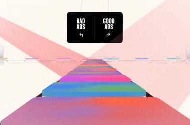 A colorful, abstract path leads to a black sign splitting in two directions: left for "Bad Ads," right for "Good Ads," with arrows—illustrating Google Ads Safety and insights from the 2025 Ads Report.