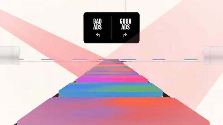 A colorful, abstract path leads to a black sign splitting in two directions: left for "Bad Ads," right for "Good Ads," with arrows—illustrating Google Ads Safety and insights from the 2025 Ads Report.