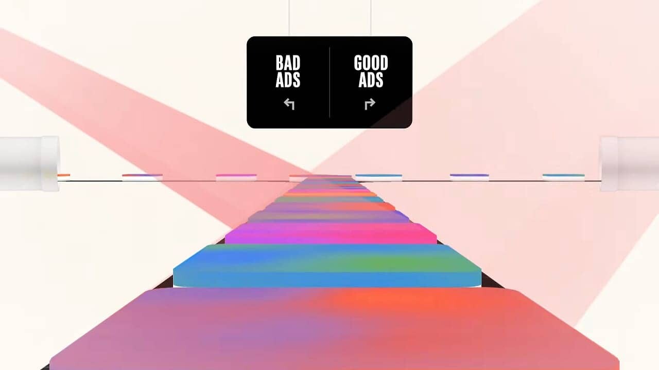 A colorful, abstract path leads to a black sign splitting in two directions: left for "Bad Ads," right for "Good Ads," with arrowsâillustrating Google Ads Safety and insights from the 2025 Ads Report.
