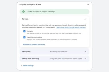 Screenshot of ad group settings for AI Max in Travel Search Campaigns, showing both "Text ads" and "Travel Promotion Ads" checked. The item group is not selected, and search term matching uses only keywords and match types.
