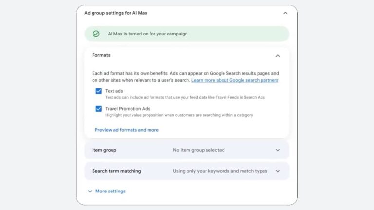 Screenshot of ad group settings for AI Max in Travel Search Campaigns, showing both "Text ads" and "Travel Promotion Ads" checked. The item group is not selected, and search term matching uses only keywords and match types.