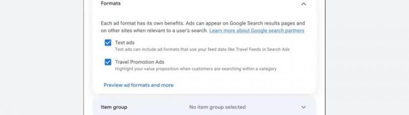 Screenshot of ad group settings for AI Max in Travel Search Campaigns, showing both "Text ads" and "Travel Promotion Ads" checked. The item group is not selected, and search term matching uses only keywords and match types.