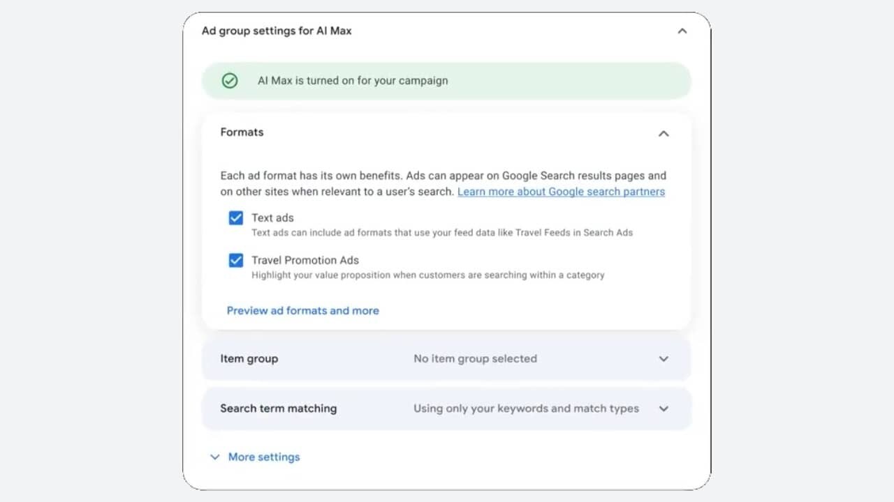 Screenshot of ad group settings for AI Max in Travel Search Campaigns, showing both "Text ads" and "Travel Promotion Ads" checked. The item group is not selected, and search term matching uses only keywords and match types.