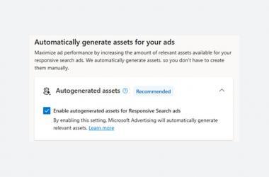 A settings window with the heading "Automatically generate assets for your ads," featuring a checked box to enable Autogenerated Assets for Responsive Search Ads in Microsoft Advertising. Launching Soon!.