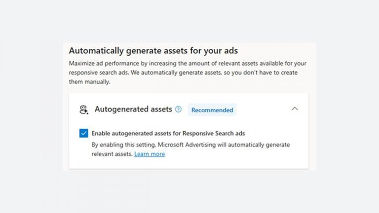 A settings window with the heading "Automatically generate assets for your ads," featuring a checked box to enable Autogenerated Assets for Responsive Search Ads in Microsoft Advertising. Launching Soon!.