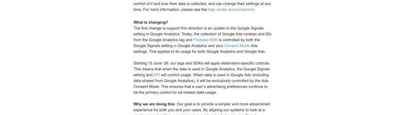 Screenshot of an email from Google Analytics outlining Google updates to consent controls and Google Signals, featuring simplified analytics management, updated SDKs, and the upcoming impact on advertising features.