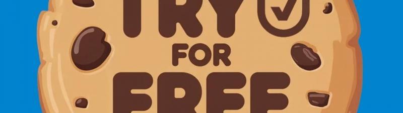 A cartoon chocolate chip cookie with the words "TRY FOR FREE" and a checkmark shield symbol in the center, set against a bright blue background, highlights Cookiebot free trial and key Cookiebot features.
