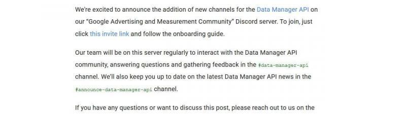 Screenshot of an online announcement introducing new API channels for Google Data Manager API on Discord, with highlighted links and hashtags for joining, learning more, and providing feedback within the server community.