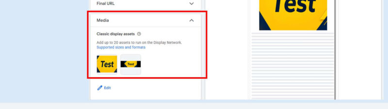 Screenshot of a Google Ads interface showing the process to create an ad. "Uploaded display ad" is selected, with "Test" graphics visible in the Media section and highlighted instruction boxes around key steps.