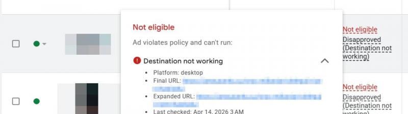 A Google Ads dashboard displays an ad disapproval as "Not eligible" due to "destination not working," showing platform, URL, last checked date, and options to guide or appeal—potentially arising from a Google Ads bug.