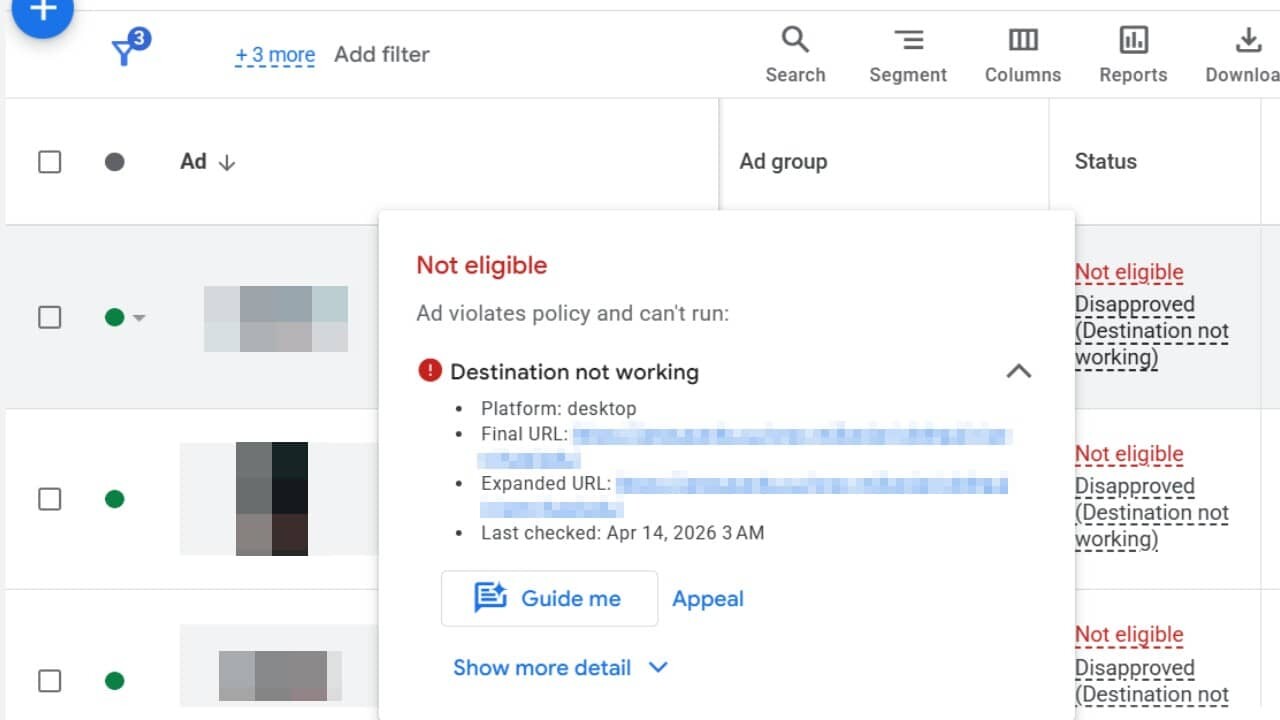 A Google Ads dashboard displays an ad disapproval as "Not eligible" due to "destination not working," showing platform, URL, last checked date, and options to guide or appeal—potentially arising from a Google Ads bug.