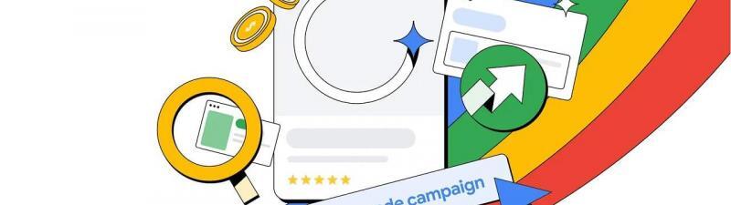 Illustration of campaign upgrade elements: coins, a magnifying glass over a phone, a progress card, upward arrows, star ratings, and rainbow-colored stripes. A cursor clicks "Upgrade campaign," highlighting AI Max and Dynamic Search Ads launching this September.