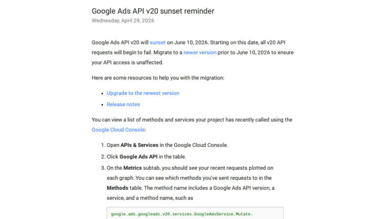Google Ads API v20 Sunset Reminder