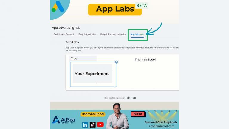 Screenshot of a web page titled "App Labs BETA" featuring an app advertising hub. The lower section includes a "Thomas Eccel" banner, AdSea logo, and a man smiling with promotional text.