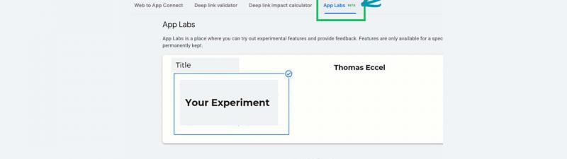 Screenshot of a web page titled "App Labs BETA" featuring an app advertising hub. The lower section includes a "Thomas Eccel" banner, AdSea logo, and a man smiling with promotional text.