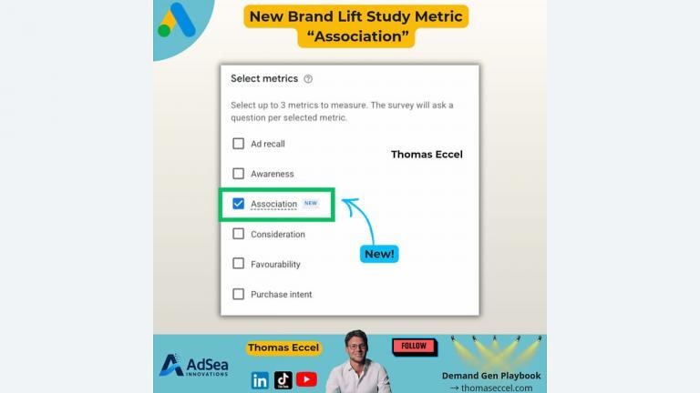 A screenshot highlights the new “Association” metric in a survey selection menu. Text reads “New Brand Lift Study Metric ‘Association’.” Thomas Eccel and AdSea branding appear at the bottom with his photo.