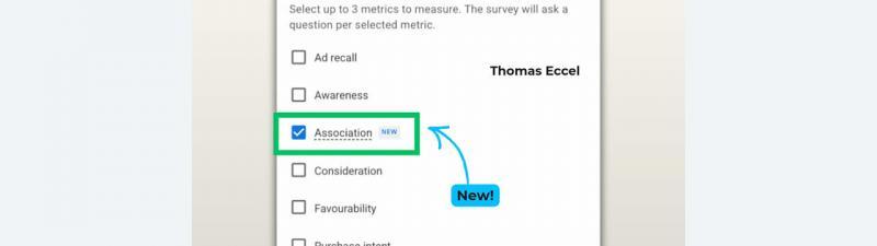A screenshot highlights the new “Association” metric in a survey selection menu. Text reads “New Brand Lift Study Metric ‘Association’.” Thomas Eccel and AdSea branding appear at the bottom with his photo.