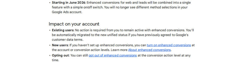 Screenshot of a Google support page explaining updates to enhanced conversions settings, listing changes effective April 2026 and June 2026, their impact on accounts, and links for enabling or opting out.