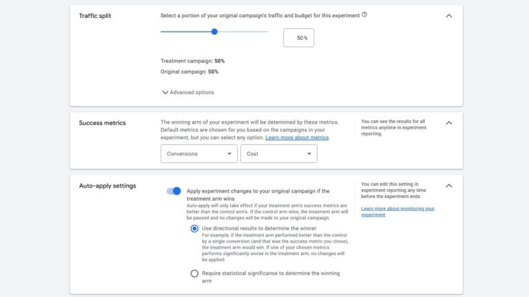 Screenshot of an experiment setup page showing traffic split at 50%, success metrics options, and auto-apply settings with the option to use directional results to determine the winner selected.