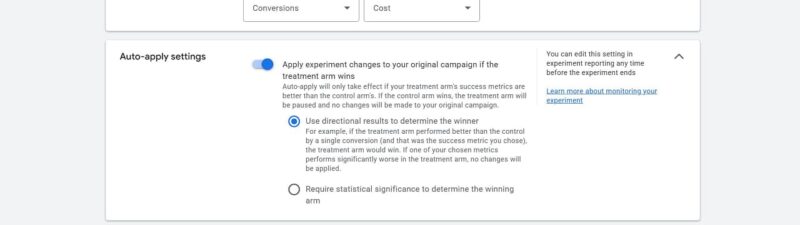 Screenshot of an experiment setup page showing traffic split at 50%, success metrics options, and auto-apply settings with the option to use directional results to determine the winner selected.