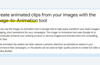 Screenshot of a webpage explaining the Image-to-Animation tool in Google Ads, with the words "Image-to-Animation" highlighted and text describing how the tool turns static images into animated clips for campaigns.