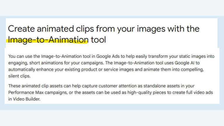Screenshot of a webpage explaining the Image-to-Animation tool in Google Ads, with the words "Image-to-Animation" highlighted and text describing how the tool turns static images into animated clips for campaigns.