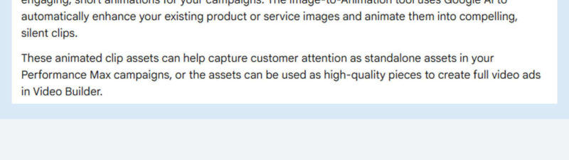 Screenshot of a webpage explaining the Image-to-Animation tool in Google Ads, with the words "Image-to-Animation" highlighted and text describing how the tool turns static images into animated clips for campaigns.