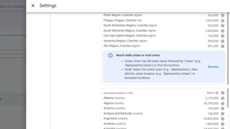 Screenshot of Google Ads targeting settings showing Czech regions and excluded locations list, with an informational banner about India urban and rural area targeting options.