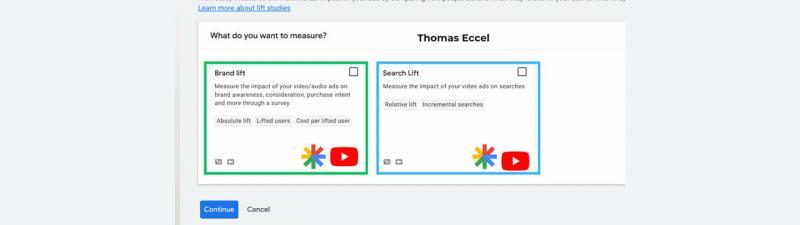 Screenshot of a Google Ads interface showing options for measuring ad lift: “Brand lift” and “Search lift.” A banner at the bottom features Thomas Eccel, AdSea Innovations logo, and call-to-action for a Demand Gen Playbook.