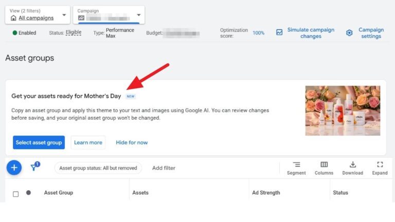 Google Ads campaign interface showing a Mother's Day seasonal asset group prompt with AI-powered theme customization options for Performance Max campaigns