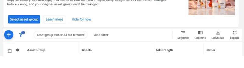 Google Ads campaign interface showing a Mother's Day seasonal asset group prompt with AI-powered theme customization options for Performance Max campaigns