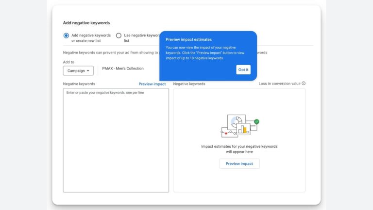 A Google Ads interface displays the "Add negative keywords" screen. A blue pop-up explains "Preview impact estimates," and the right panel prompts users to preview the impact of up to 10 negative keywords.
