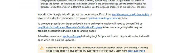 Screenshot of a Google Ads support page announcing an update to the Healthcare and Medicines Policy effective April 2026, with key points about prescription drug ads in India and certification requirements highlighted.