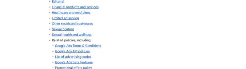 Screenshot of a Google Help Center page titled "Update to Ads Policy Help Center articles (March 2026)" with a list of updated articles and related policies, including sections on cryptocurrencies, healthcare, and sexual content.