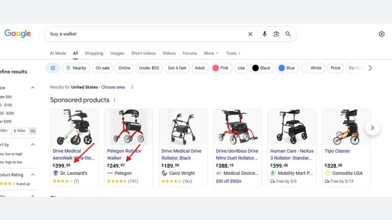 Google Shopping search results displaying sponsored walker products with prices, ratings, and merchant information in a grid layout