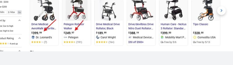 Google Shopping search results displaying sponsored walker products with prices, ratings, and merchant information in a grid layout