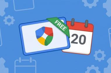 An illustration of a shield with Google colors labeled "FREE" beside a calendar showing 20, set on a blue background with gear and calendar icons—perfect for highlighting a Google Partners promotional offer.