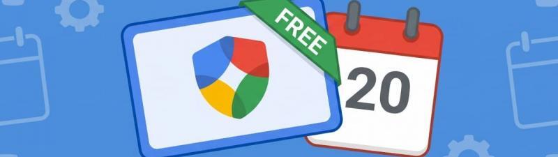 An illustration of a shield with Google colors labeled "FREE" beside a calendar showing 20, set on a blue background with gear and calendar icons—perfect for highlighting a Google Partners promotional offer.