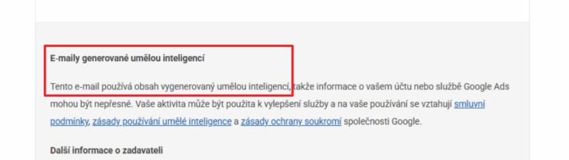 A Czech email highlights "Google Ads support using AI from Google" and marks the message as "AI generated emails" in red boxes. The content discusses a request for Google Ads assistance.