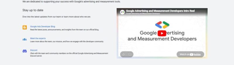 Screenshot of a website titled "Google Advertising and Measurement Developers" with a blue-purple gradient header, Learn more button, and sections for getting started with Google Ads, staying updated, and connecting via Discord or the Google Developers Hub.