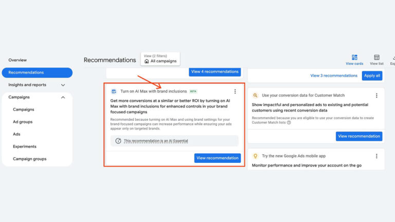 A Google Ads dashboard displays campaign recommendations. An orange arrow points to a suggestion for turning on AI Max with brand inclusions, aiming to improve conversions with AI-powered brand controls.